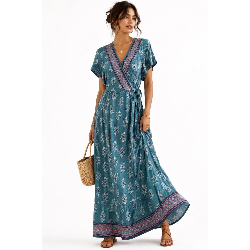 Natural Life Teal Floral Boho Wrap Maxi Dress Size M Rayon Flutter Sleeve